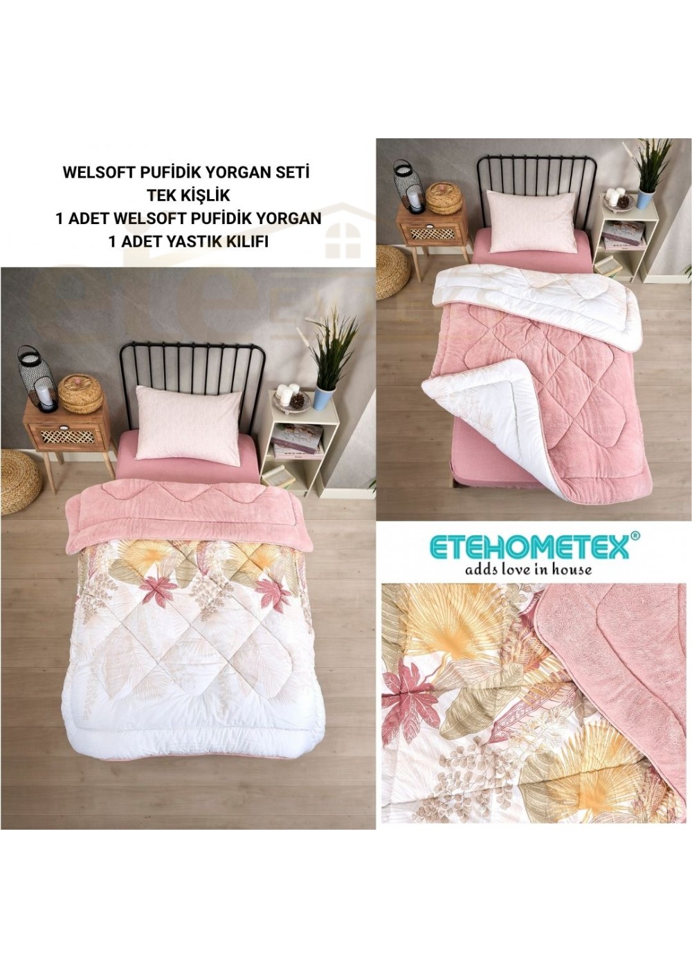 ETE HOMETEX TEK KİŞİLİK LÜX WELSOFT YORGAN SETİ ALENA PUDRA 155X215CM 8696474231928